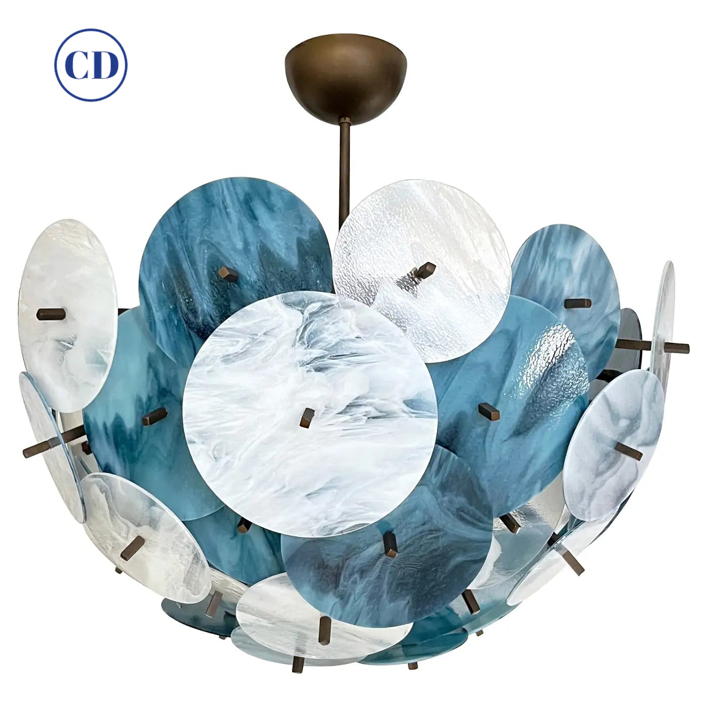 Italian White Teal Turquoise Blue Murano Glass Sputnik Half Dome Chandelier