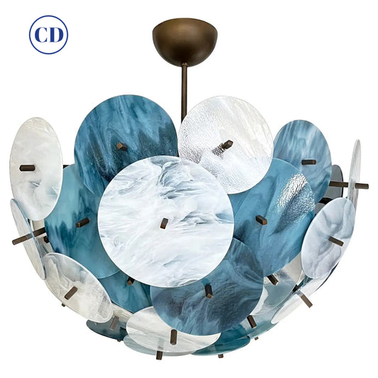 Italian White Teal Turquoise Blue Murano Glass Sputnik Half Dome Chandelier