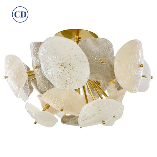 Modernist Italian Gray White Light Beige Murano Glass Leaf Sputnik Flush Mount