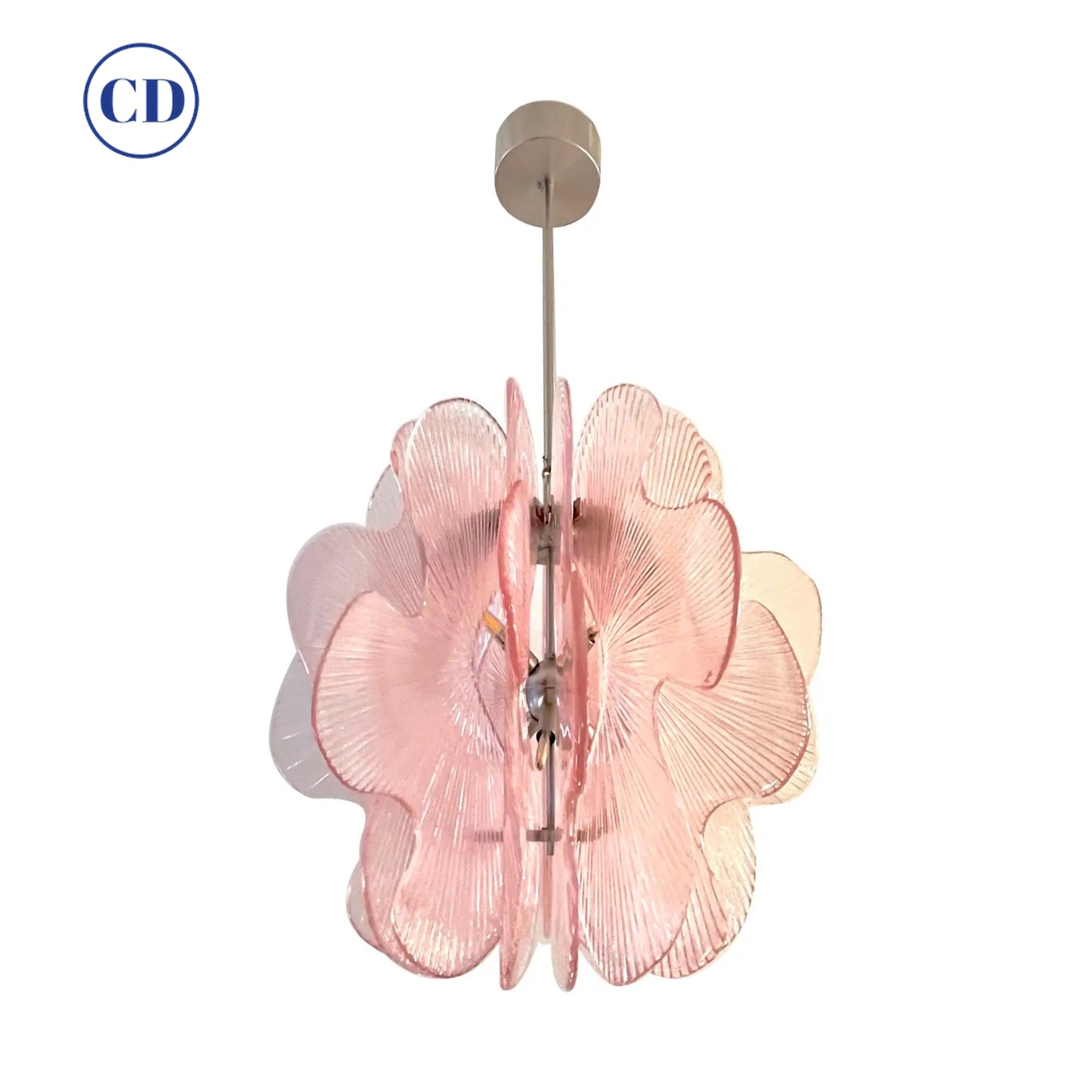 Modern Italian Wavy Pink Textured Murano Glass Satin Nickel Pendant/Chandelier