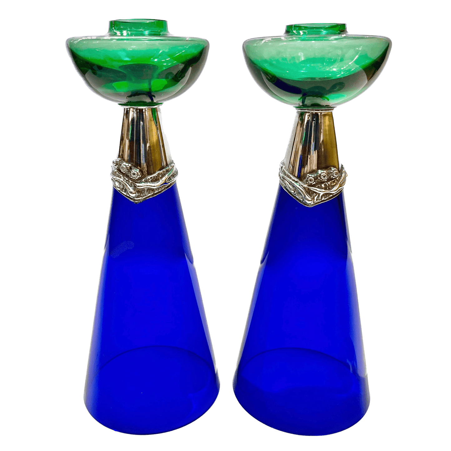 1980 Domar Israel Art Nouveau Style Green Cobalt Blue Glass Silver Candleholders