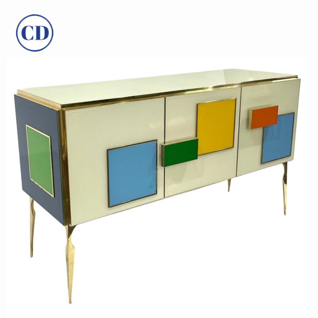 Bespoke Italian Ivory Yellow Green Blue Geometric Postmodern Cabinet/Sideboard