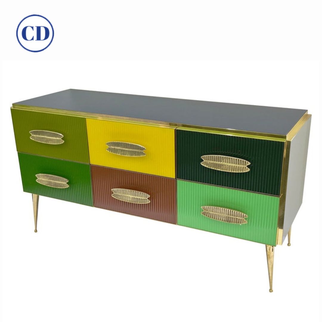 Bespoke Italian Green Yellow Brown Gray Blue Modern Brass 6-Drawer Dresser/Chest