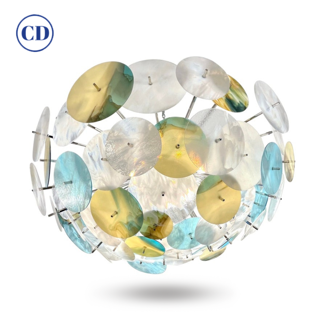 Modern Italian White Aqua Blue Yellow Murano Glass Nickel Sputnik Flushmount