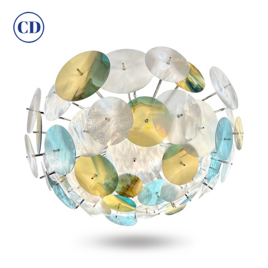 Modern Italian White Aqua Blue Yellow Murano Glass Nickel Sputnik Flushmount