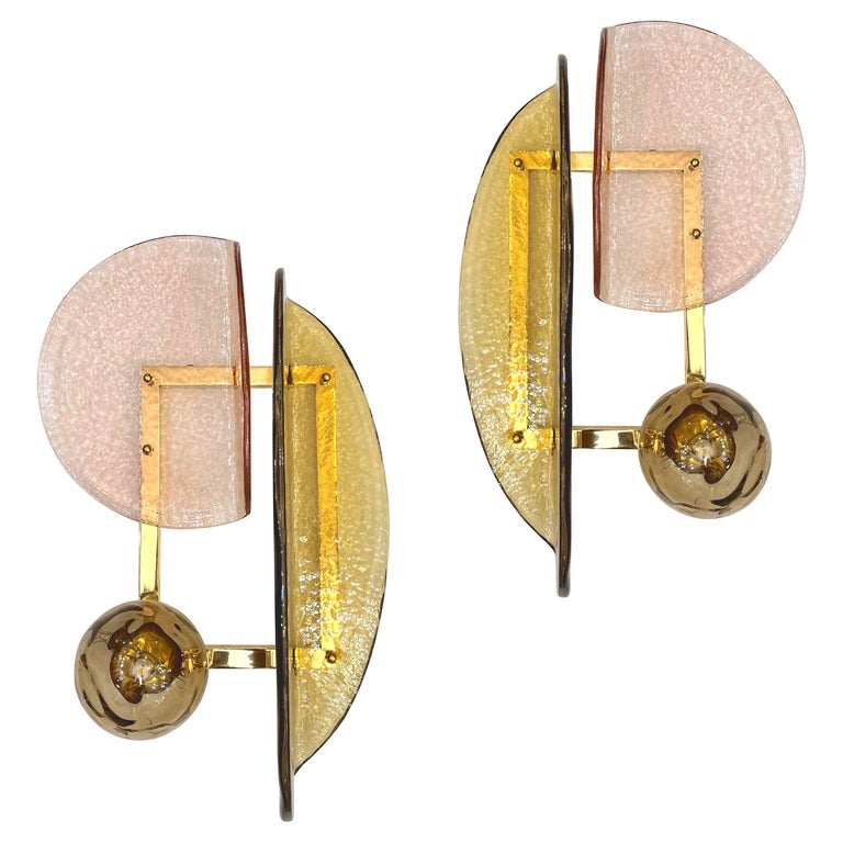 Contemporary Italian Amethyst Amber Murano Glass Post-Modern Gold Brass Sconce