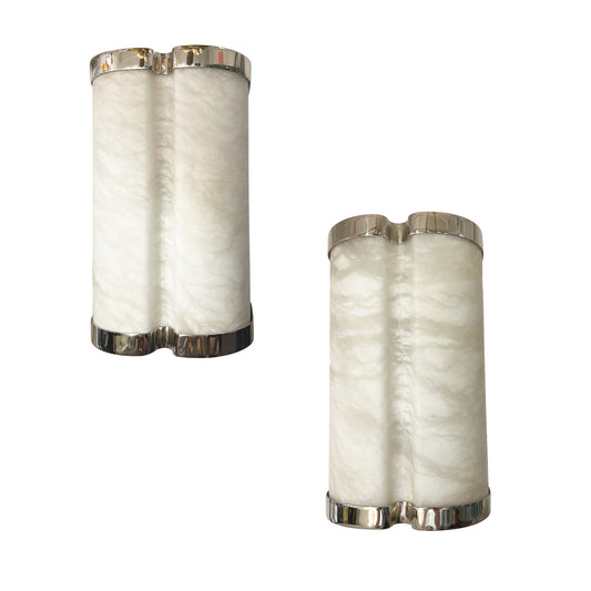 Bespoke Italian Art Deco Style Cream White Alabaster Nickel Pair Curved Sconces
