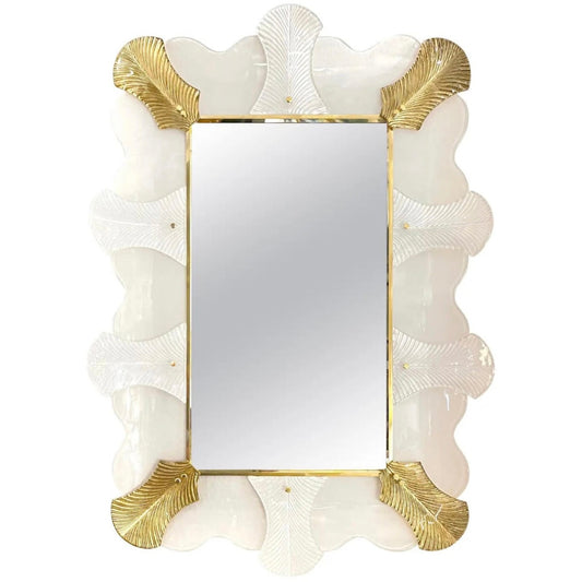 Bespoke Italian Art Deco Style Curved Leaf White Gold Murano Glass Brass Mirror