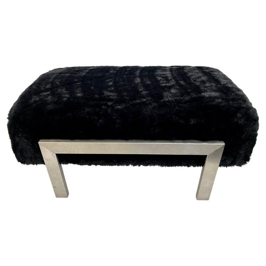 1970s Italian Vintage Black Faux Fur Steel Bed Stool Bench