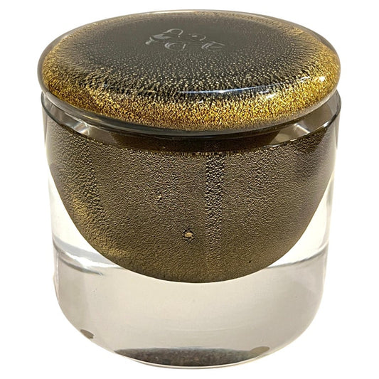 1980 Italian Crystal & Black Murano Glass Round Box Worked with 24Kt Gold Dust