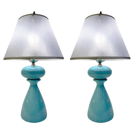 1960s French Pair of Aquamarine Blue Craquelure Glaze Ceramic Lamps with Stars