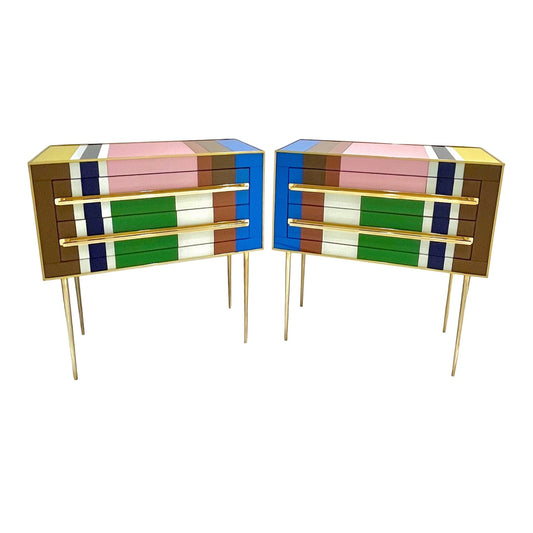 Bespoke Italian Pair of Mondrian Style Blue Green Yellow Chests / End Tables