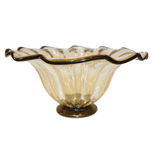 Italian Gold Dust Crystal Murano Glass Scalloped Centerpiece/Bowl with Black Rim