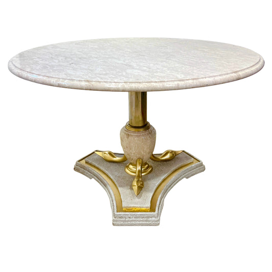 Italian Vintage Neoclassical Hollywood White Marble Center Table Brass Swan Base