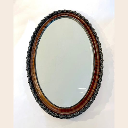 Antique English Edwardian Ebony Macassar Veneer Black Brown Oval Mirror