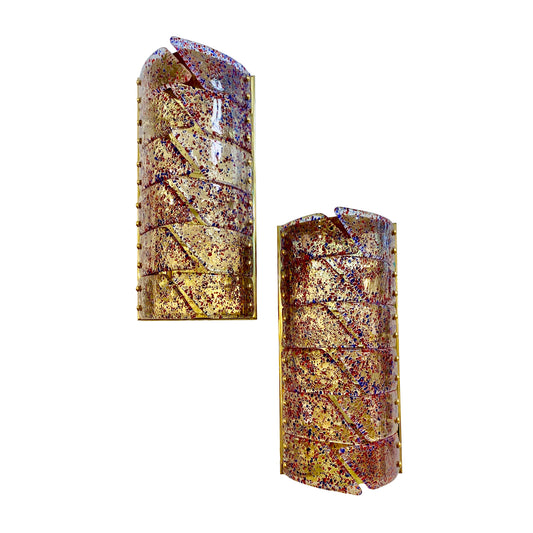 Vintage Italian Pair Polychrome Pattern Murano Glass Brass Sconces Flush Mounts