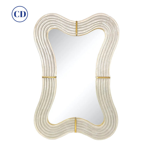 Contemporary Italian Pearl White Cream Murano Glass Brass Backlit Curved Mirror