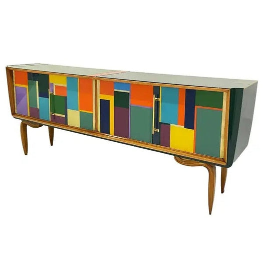 Italian Vintage Mondrian Style Green Orange Yellow Blue Glass 4-Door Sideboard
