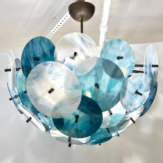 Italian White Teal Turquoise Blue Murano Glass Sputnik Half Dome Chandelier