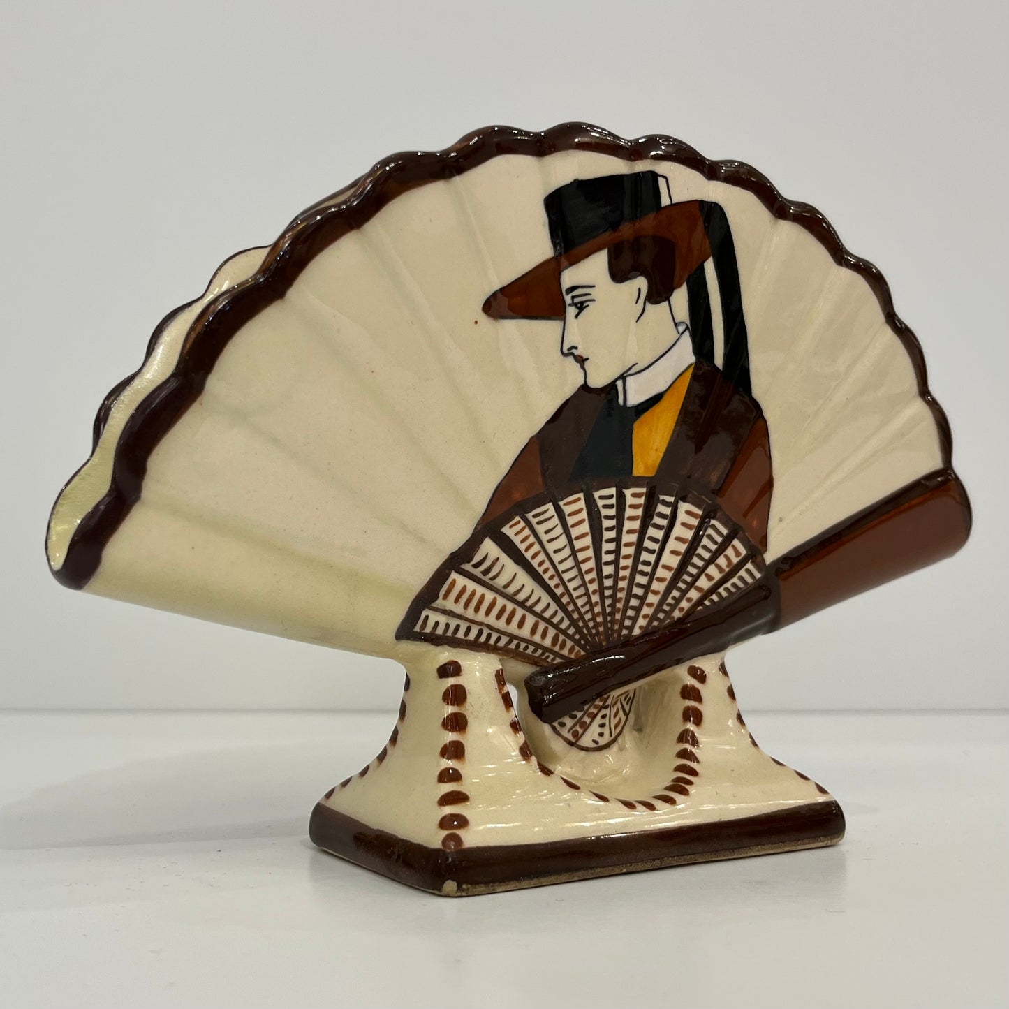 1930s French Signed Henriot Quimper Faience Yellow Fan Breton Man Woman Decor