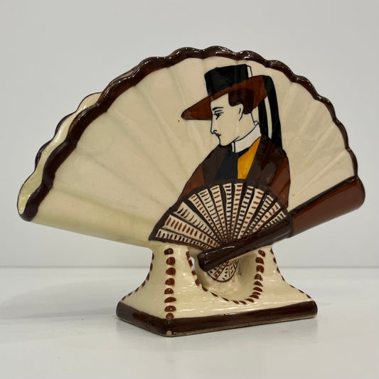 1930s French Signed Henriot Quimper Faience Yellow Fan Breton Man Woman Decor
