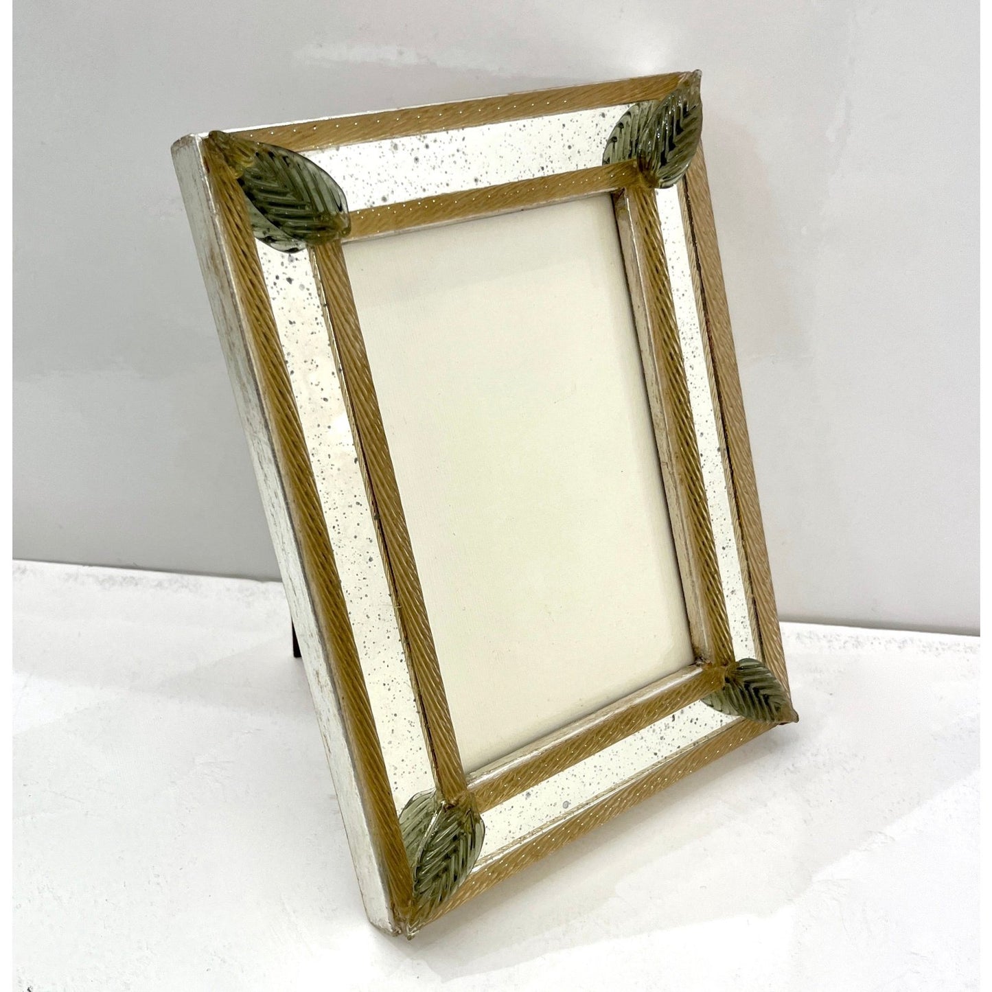 1960s Italian Vintage Mirror Photo Frame Green Leaves & Gold Murano Glass Decor