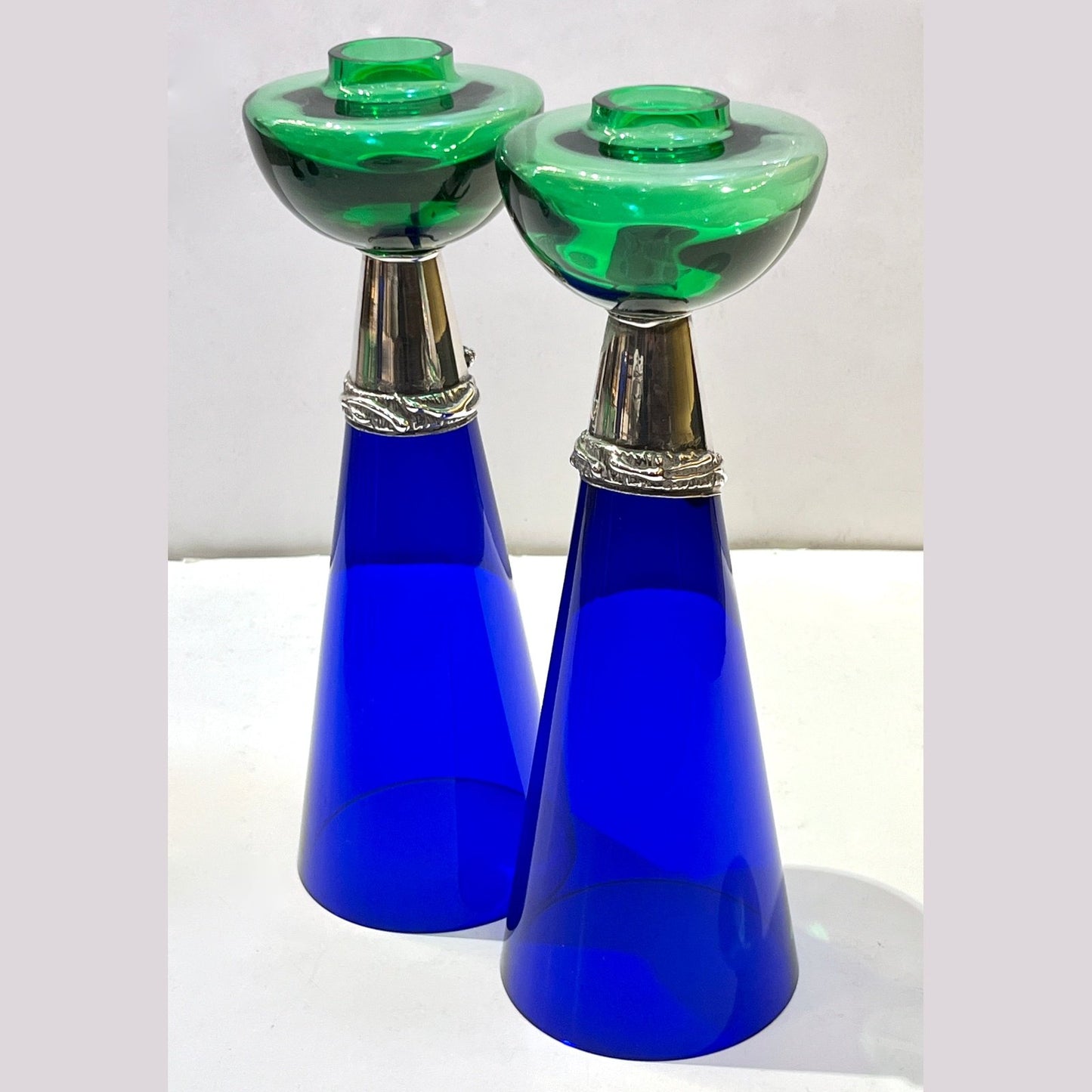 1980 Domar Israel Art Nouveau Style Green Cobalt Blue Glass Silver Candleholders