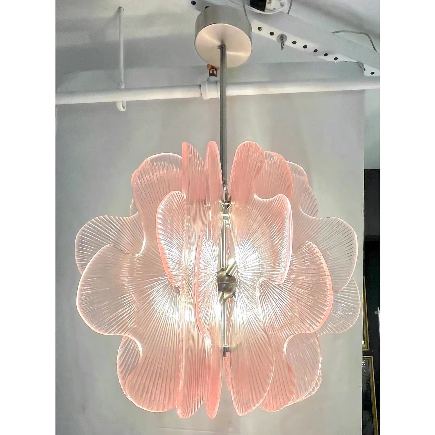 Modern Italian Wavy Pink Textured Murano Glass Satin Nickel Pendant/Chandelier