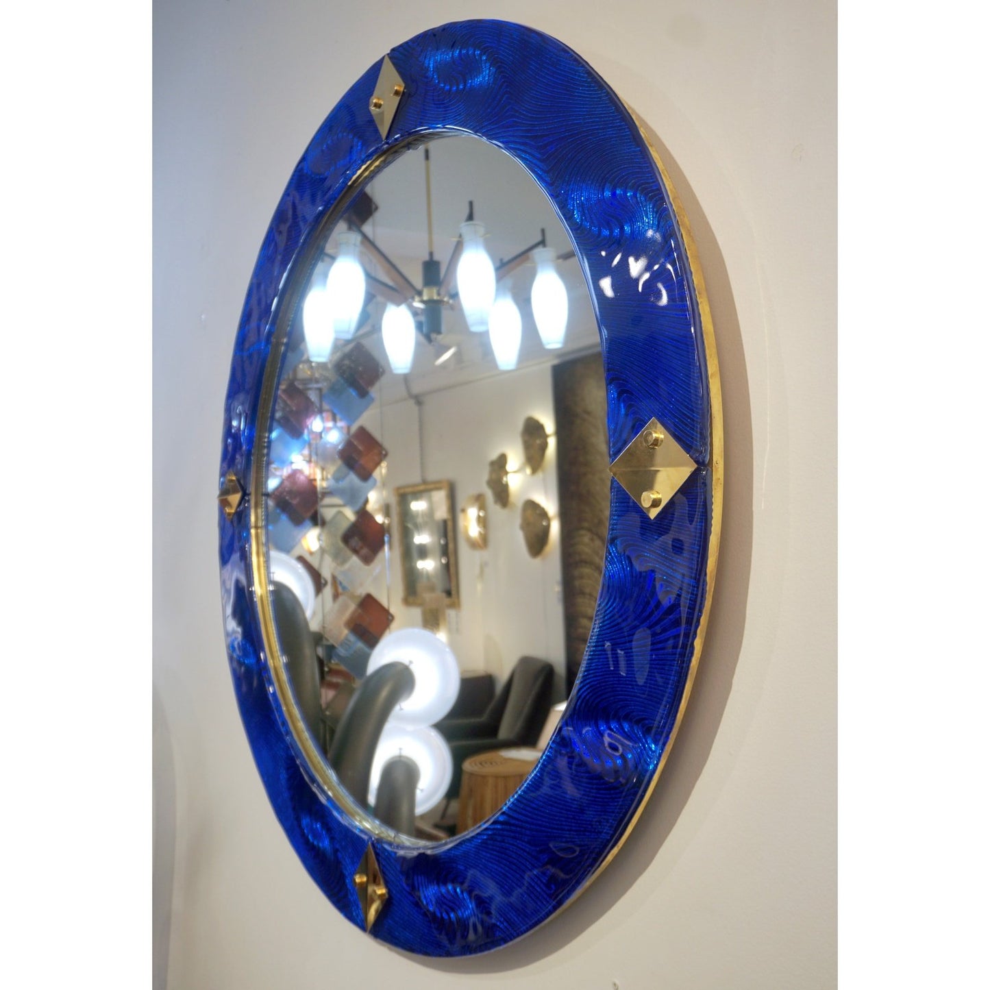 Bespoke Italian Custom Brass & Textured Cobalt Blue Murano Glass Round Mirror