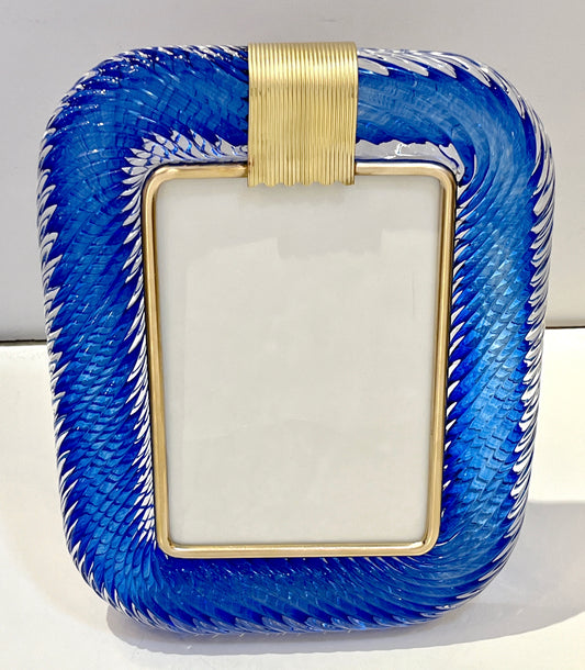 2000s Barovier Toso Italian Royal Blue Twisted Murano Glass Brass Picture Frame