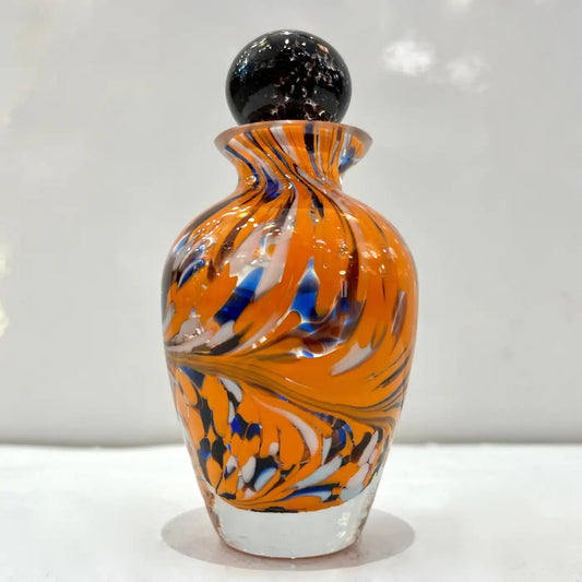 Italian Vintage Orange Black White Blue Murano Glass Oval Shape Perfume Bottle