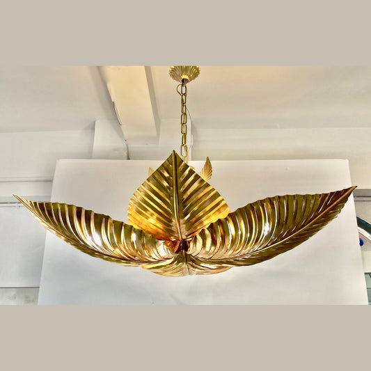 Contemporary Italian Art Deco Design Hand Made Gold Metal Tiered Leaf Chandelier
