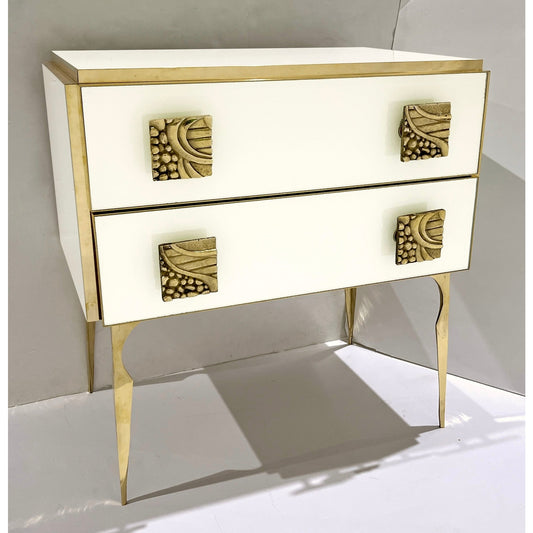 Italian Art Deco Design Modern Cream White Glass 2-Drawer Brass Nightstand/Chest