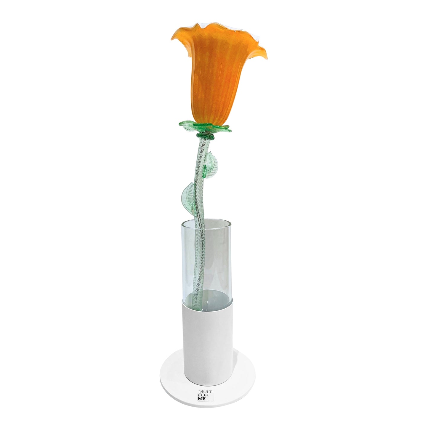 Italian Design Organic Modern Orange Art Glass Lit Flower White Vase/Table Lamp