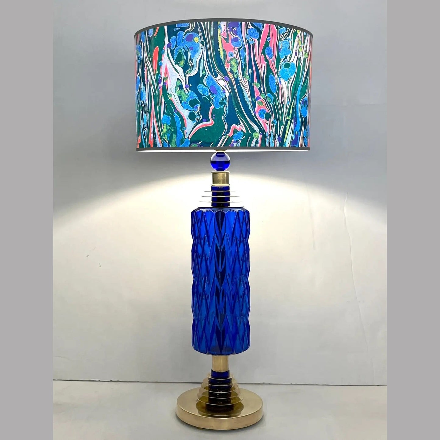 Contemporary Italian Modern Pair of Cobalt Blue Murano Glass Brass Table Lamps