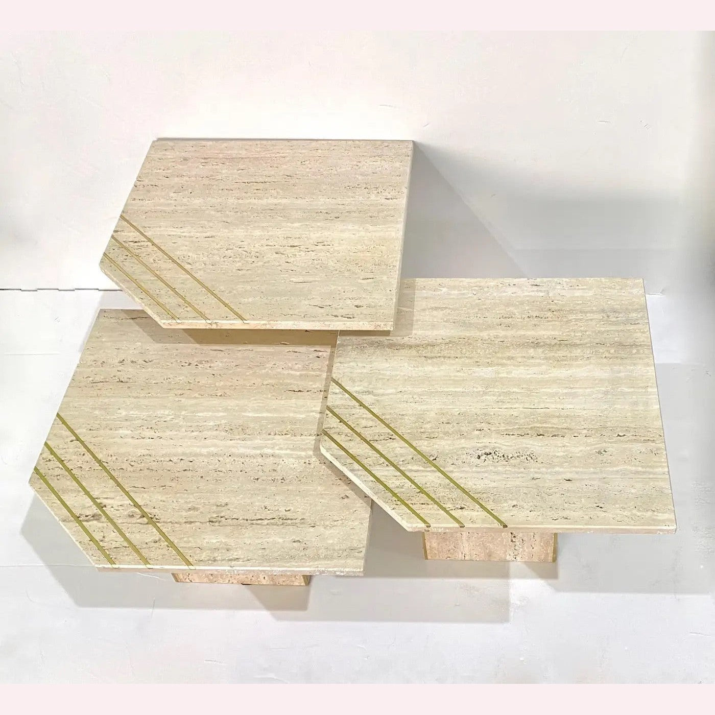 Italian Contemporary Modern Travertine Nesting Tables Set with Brass Insets