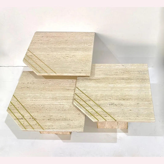 Italian Contemporary Modern Travertine Nesting Tables Set with Brass Insets