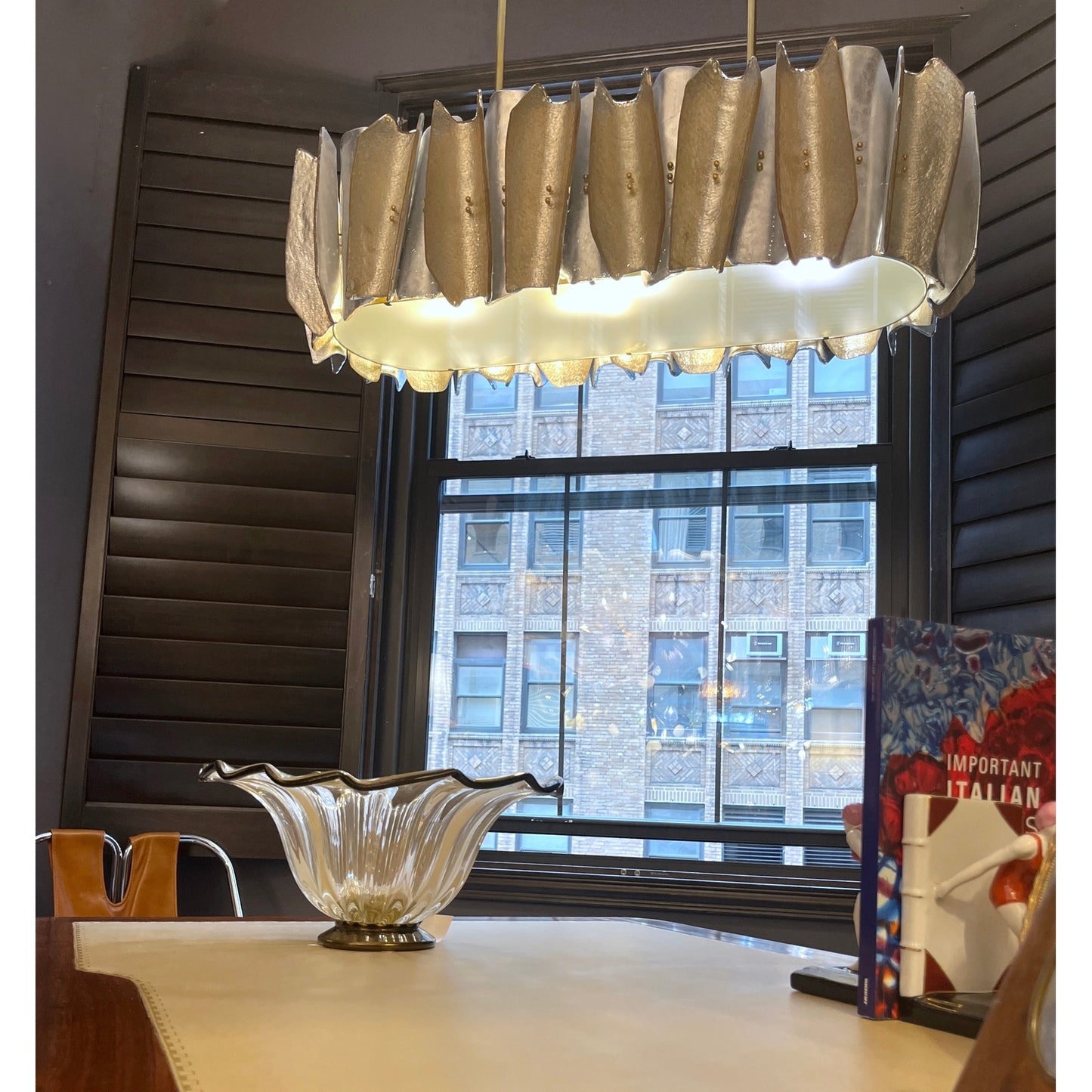 Italian Post Modern Amber Gold Silver Murano Glass Graphic Brass Oval Chandelier