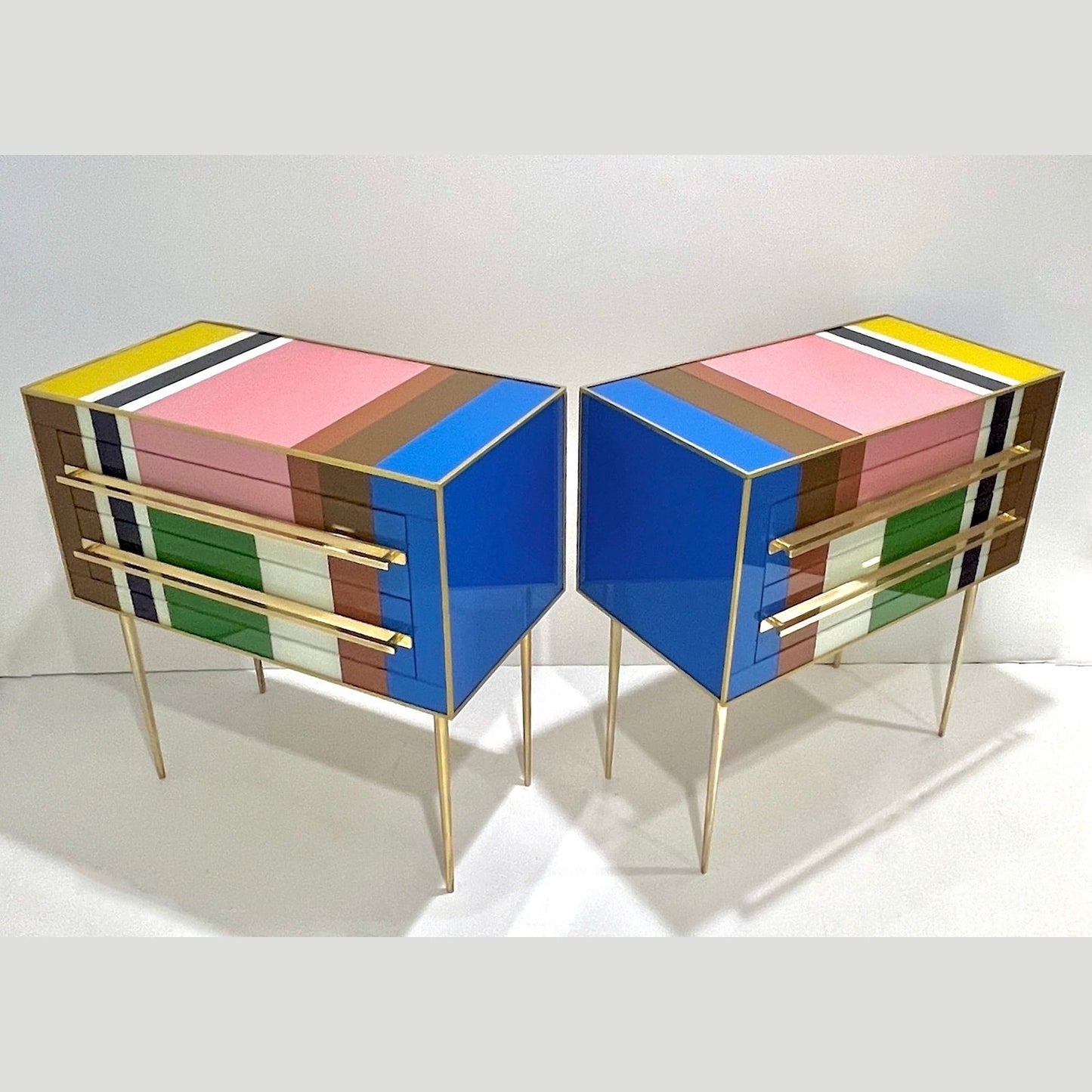 Bespoke Italian Pair of Mondrian Style Blue Green Yellow Chests / End Tables