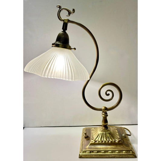 1950s American Art Deco Style Brass Table/Desk Lamp with Satin White Glass Shade