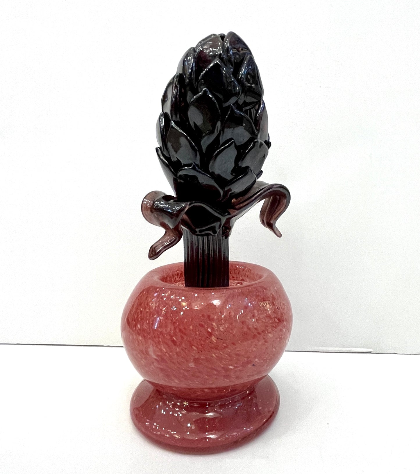 2000 Italian Dark Purple Murano Art Glass Artichoke Flower Plant in Red Pink Pot