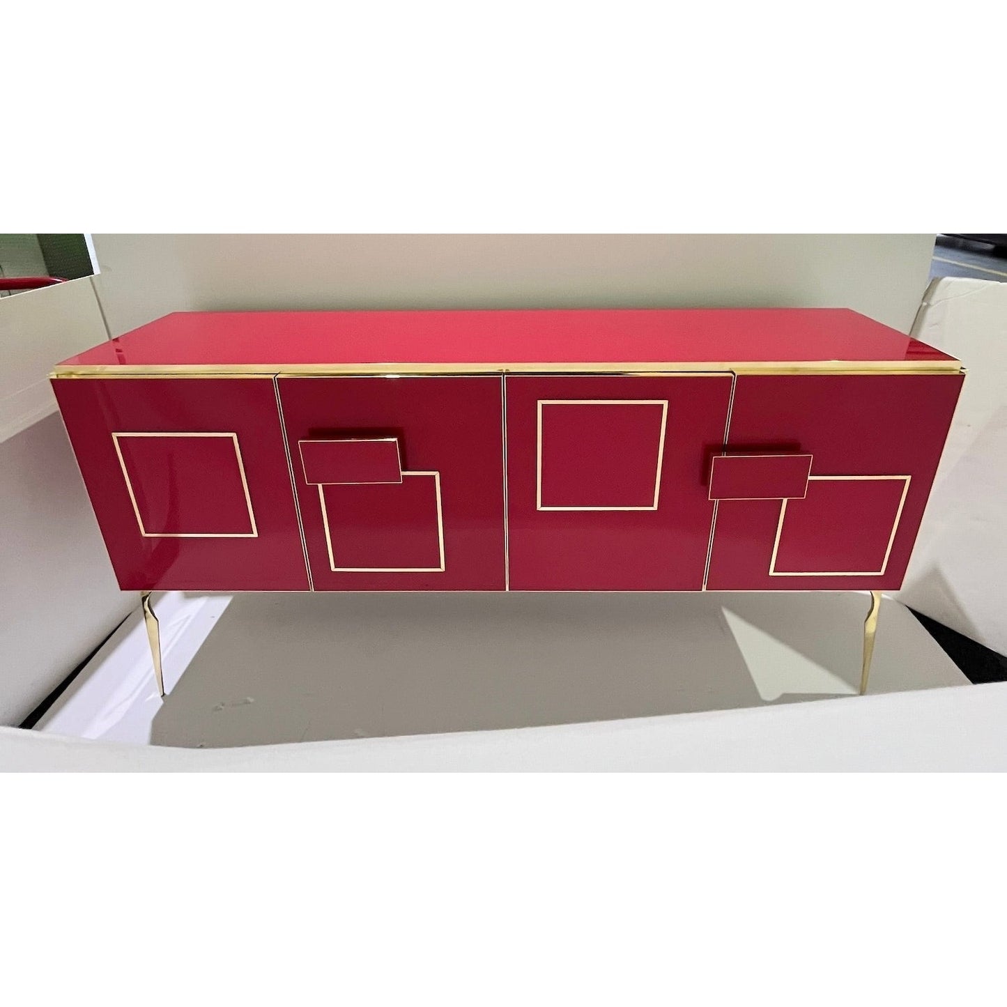 Modern Italian Pink Purple Glass Geometric Postmodern Brass Cabinet Sideboard