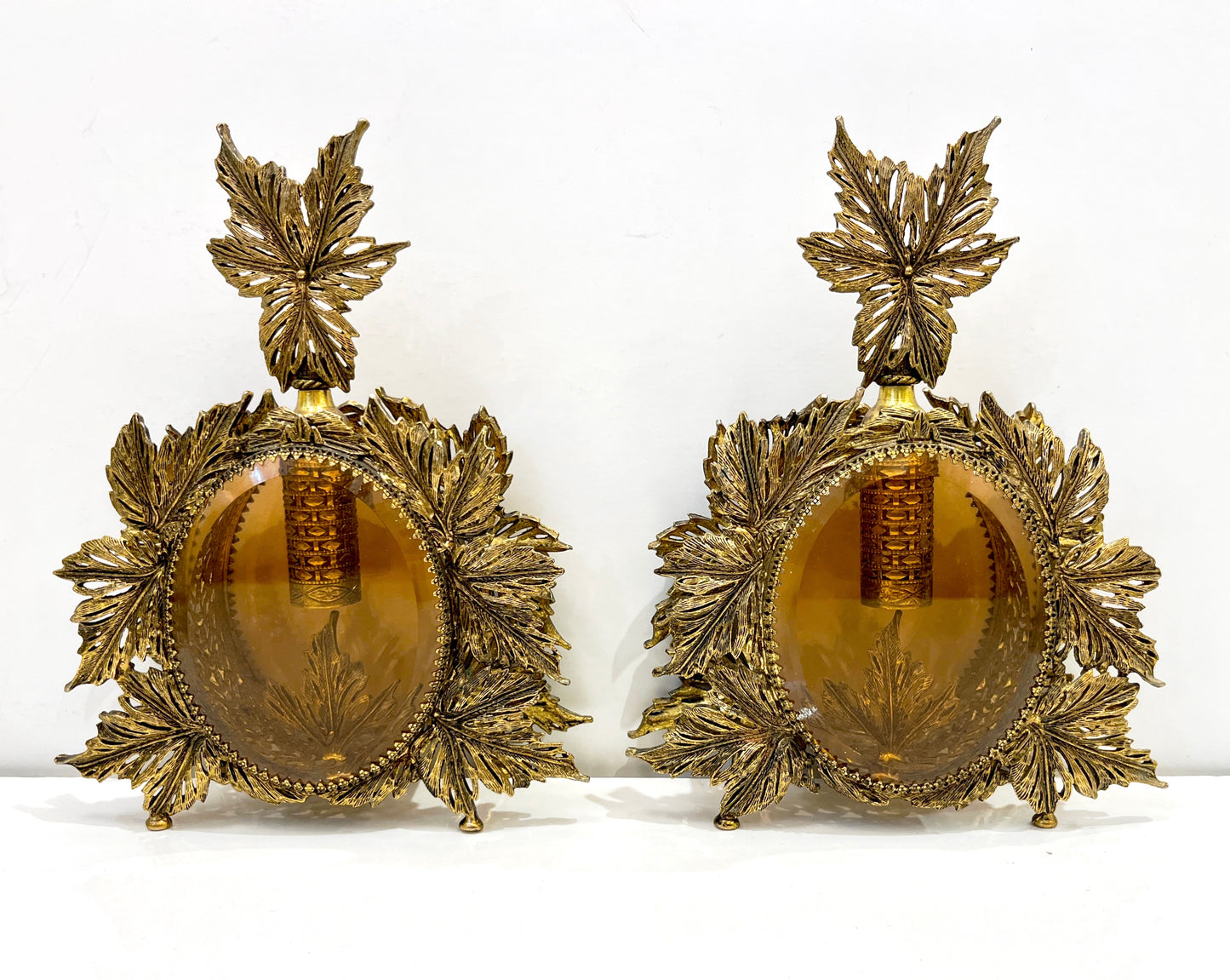 Antique French Pair of Gilt Brass Filigree & Glass Rococo Style Perfume Bottles