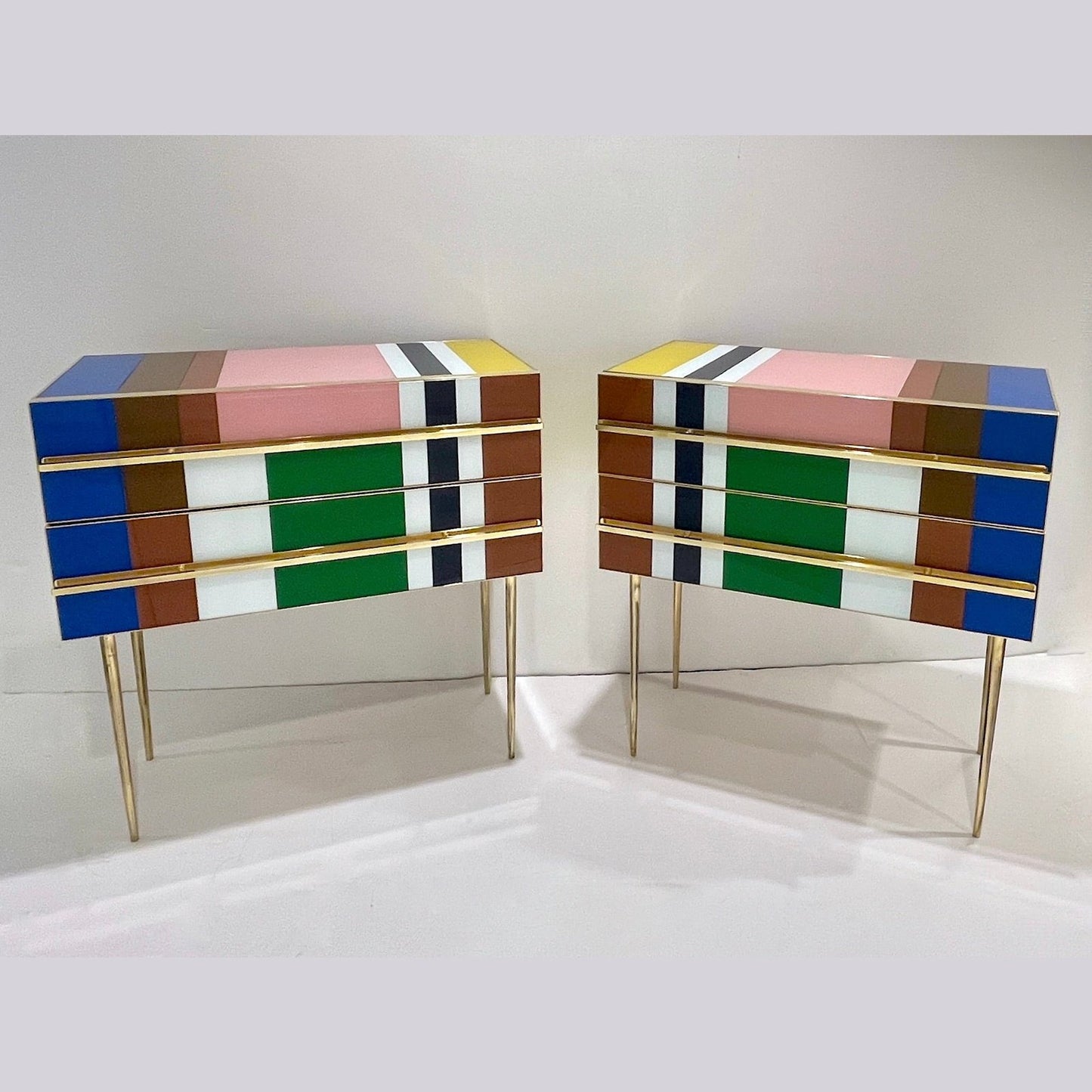 Bespoke Italian Pair of Mondrian Style Blue Green Yellow Chests / End Tables