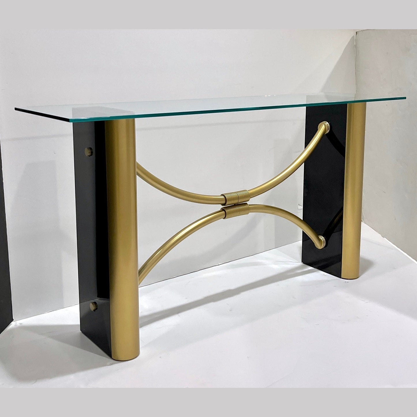 1970s French Art Deco Style Black Gold Console Table Attributed to Pierre Cardin