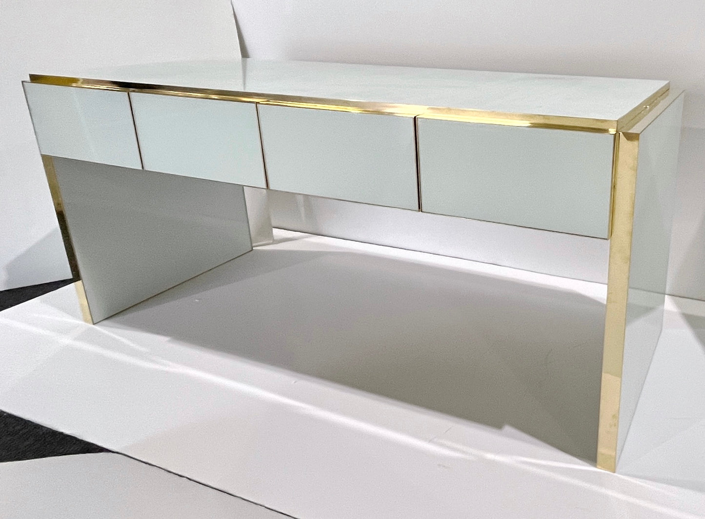 Bespoke Italian Art Deco Design 4-Drawer White & Brass Walnut Console Table/Desk