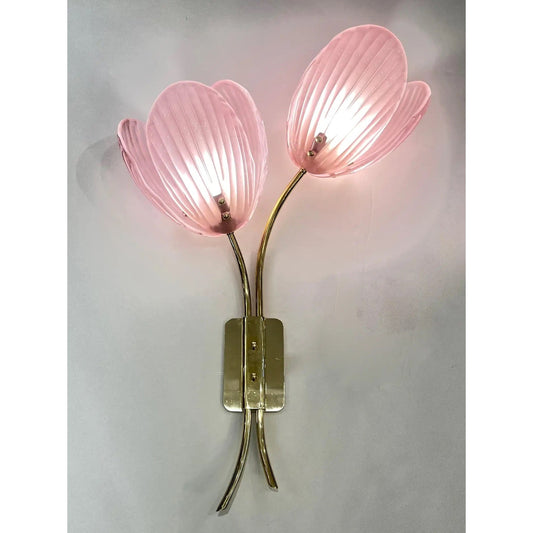 Contemporary Italian 2-Branch Pink Murano Glass Tulip Flower Gold Brass Sconces