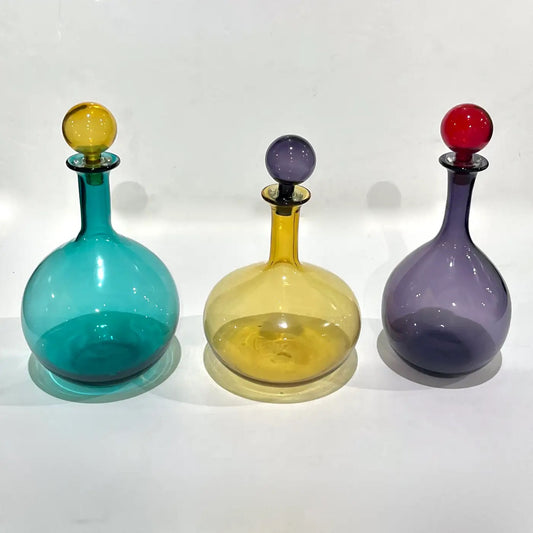 1980s Italian Set 3 Tall Bright Teal Amber Purple Murano Glass Modern Bottles