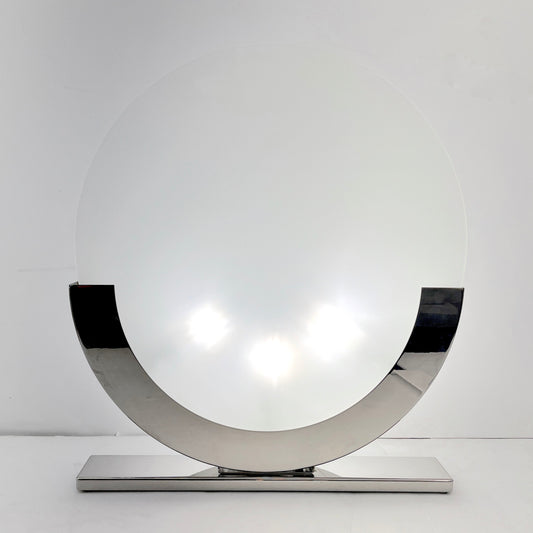 1990 Minimalist Italian Design White and Chrome Round Table Lamp