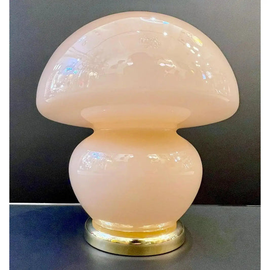 1970s Vintage Italian Pair of Blush Pink Murano Glass and Brass Mushroom Lamps